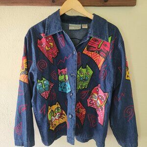 Custom Vintage Cat Patchwork & Stitching Denim Jacket Sz M